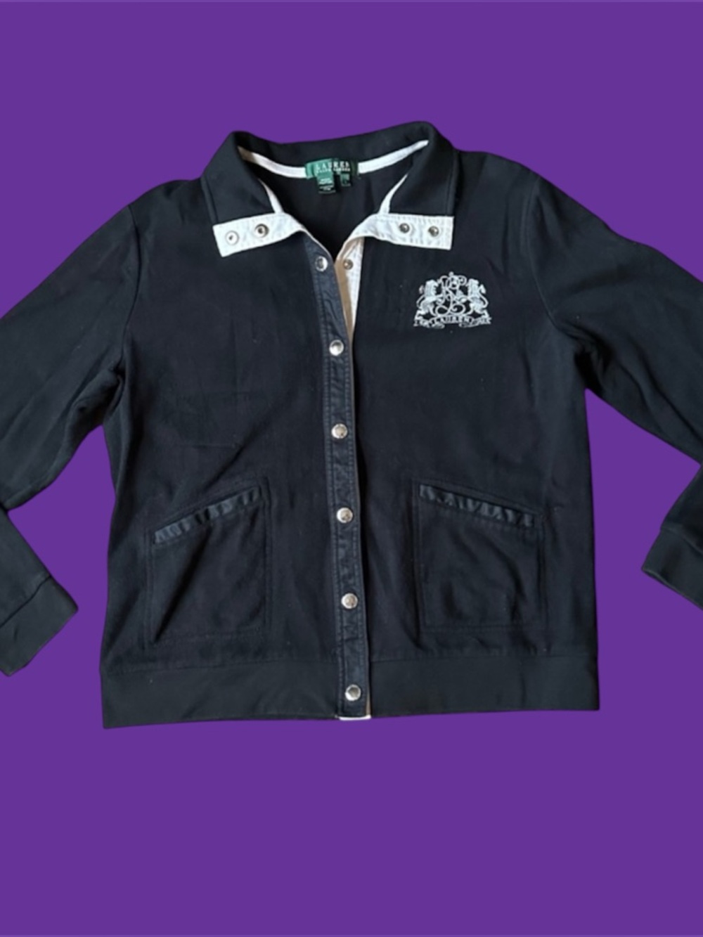 Lauren Ralph Lauren Womens 2XL Black Embroidered Crest Logo Snap Button Cardigan